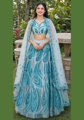 Sky Blue Embroidery Net Lehenga Set