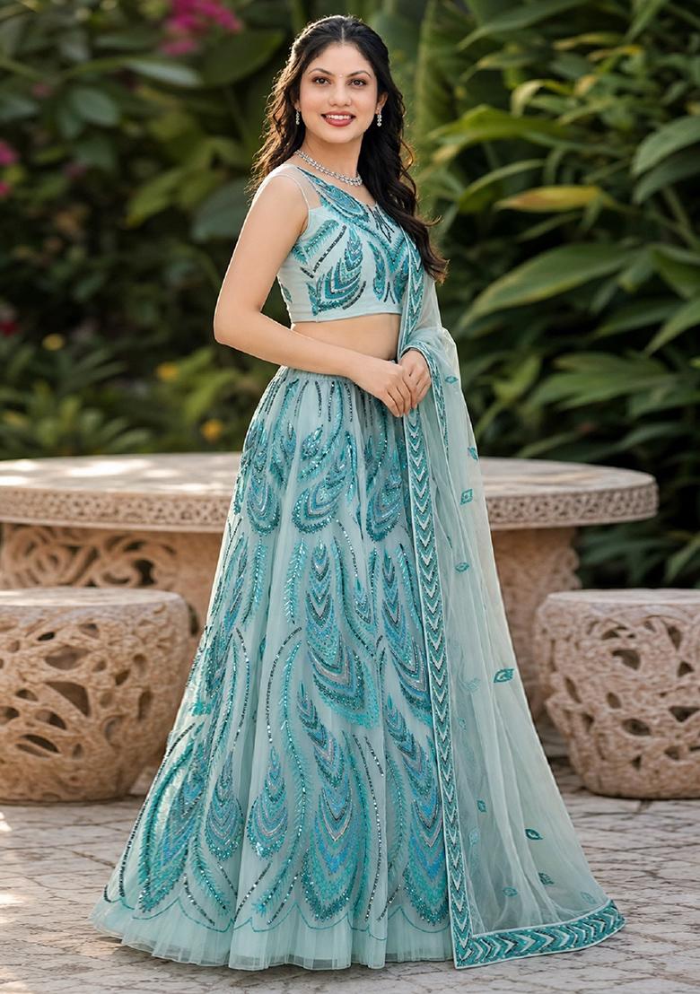 Sky Blue Embroidery Net Lehenga Set - Indya