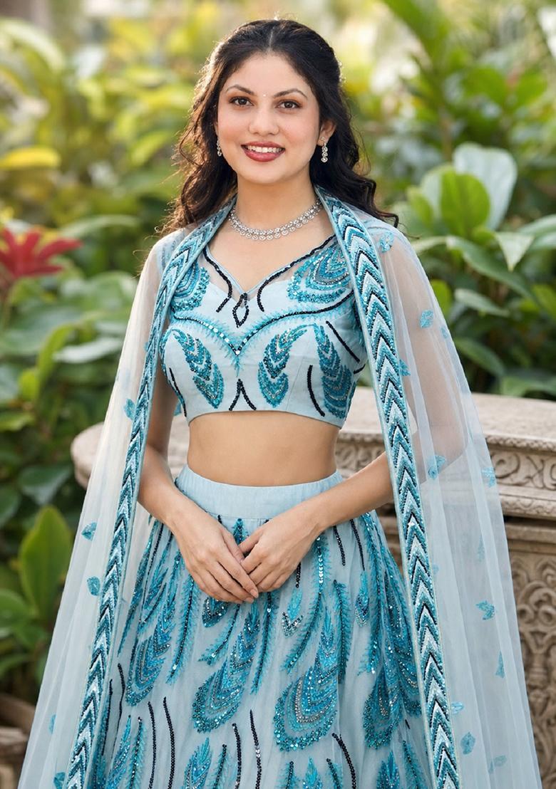 Sky Blue Embroidery Net Lehenga Set - Indya