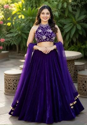 Purple Embroidery Velvet Lehenga Set