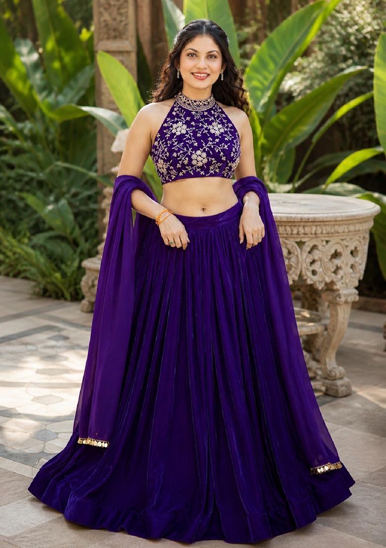 Purple Embroidery Velvet Lehenga Set - Indya
