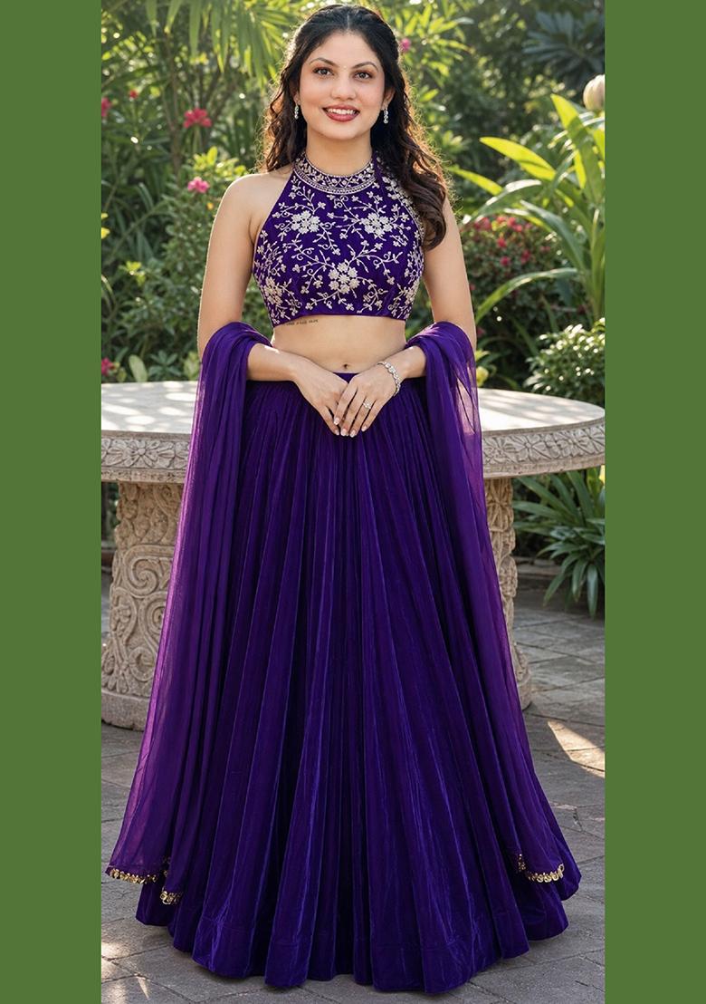 Purple Embroidery Velvet Lehenga Set - Indya