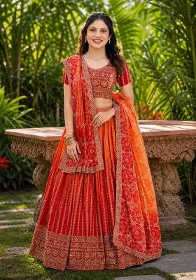 Orange Embroidery Chinon Lehenga Set