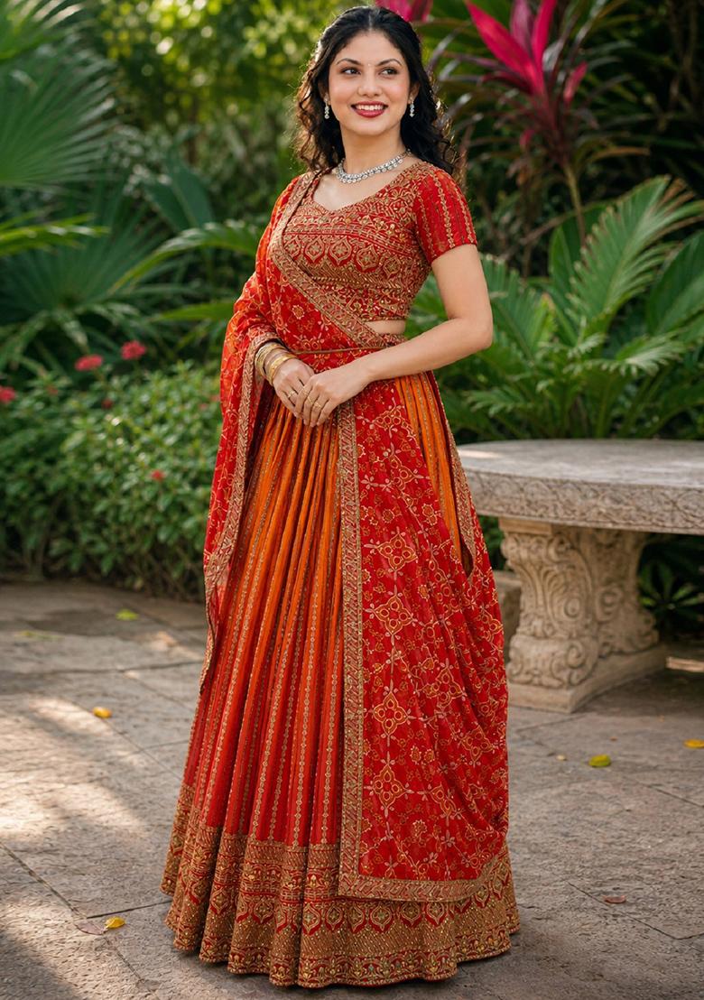 Orange Embroidery Chinon Lehenga Set - Indya