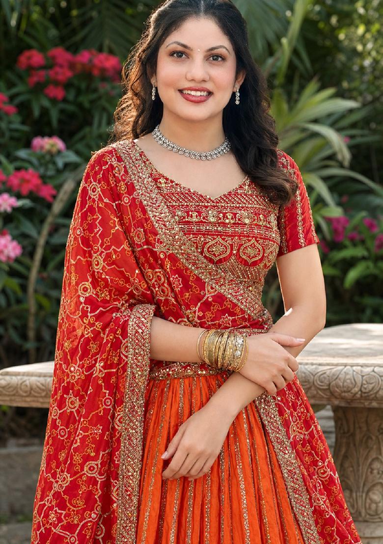 Orange Embroidery Chinon Lehenga Set - Indya