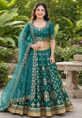 Green Embroidery Silk Lehenga Set