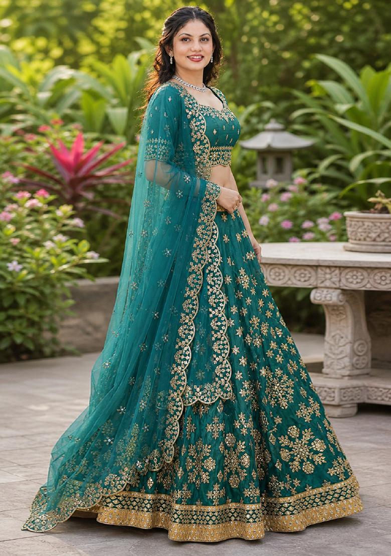Green Embroidery Silk Lehenga Set - Indya