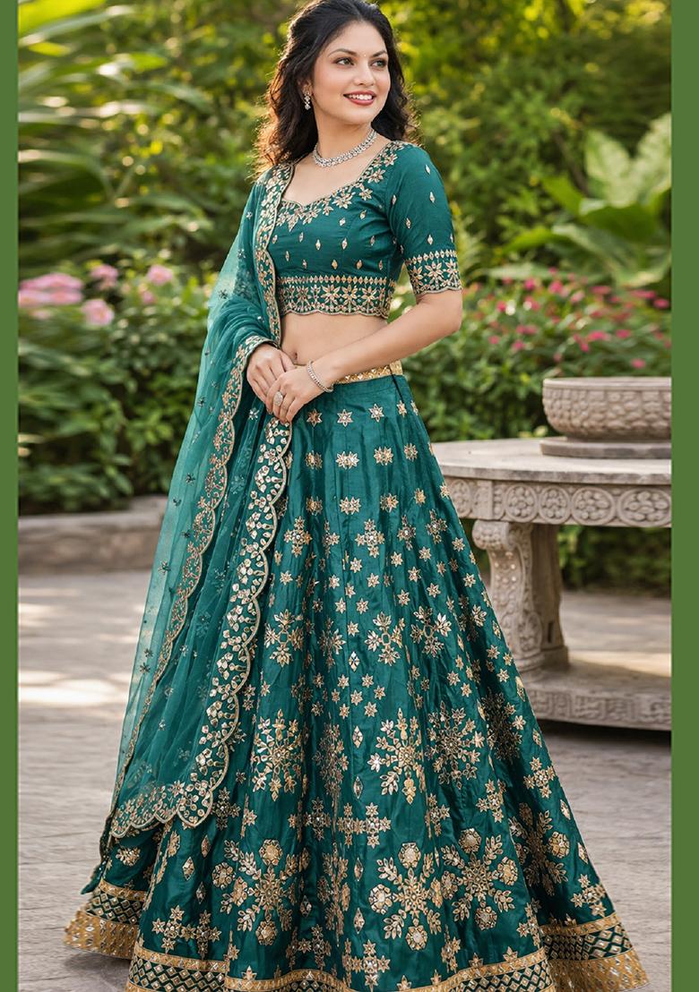 Green Embroidery Silk Lehenga Set - Indya