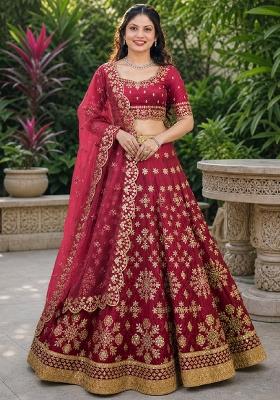 Maroon Embroidery Silk Lehenga Set
