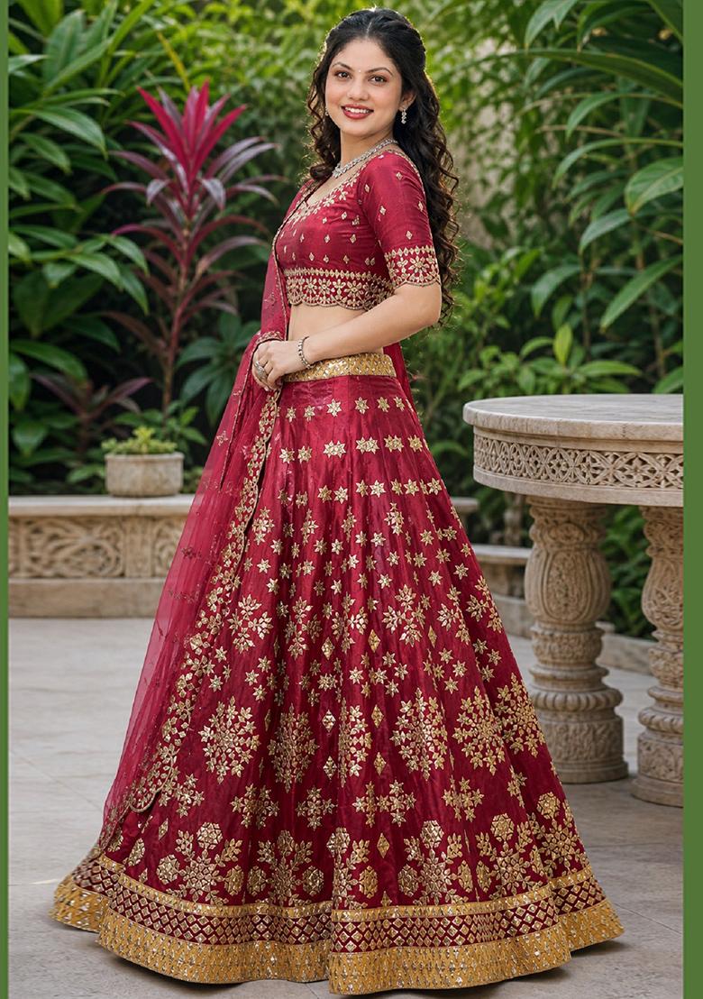 Maroon Embroidery Silk Lehenga Set - Indya
