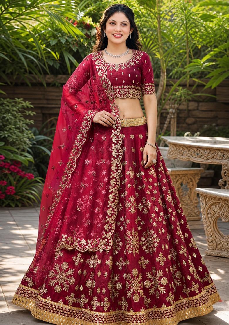 Maroon Embroidery Silk Lehenga Set - Indya