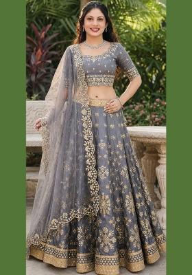 Grey Embroidery Silk Lehenga Set