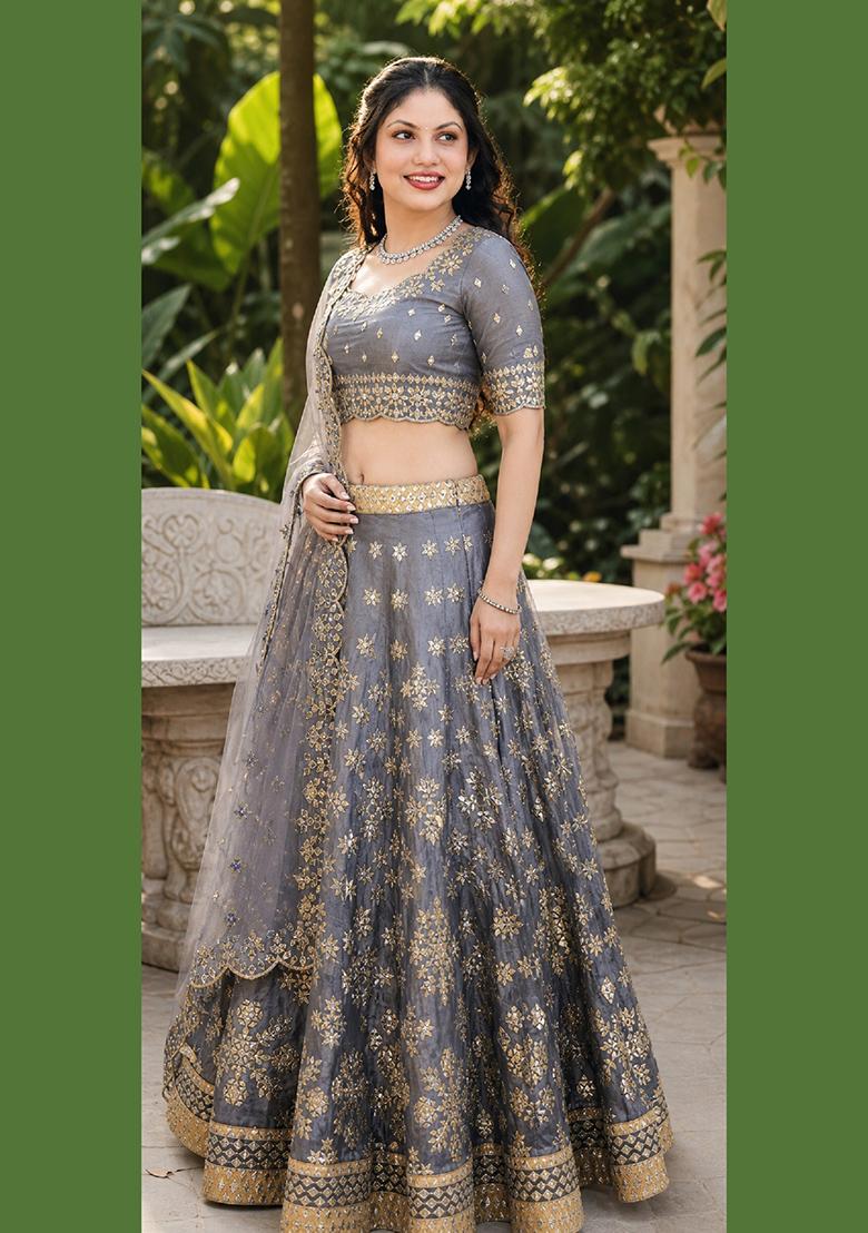 Grey Embroidery Silk Lehenga Set - Indya