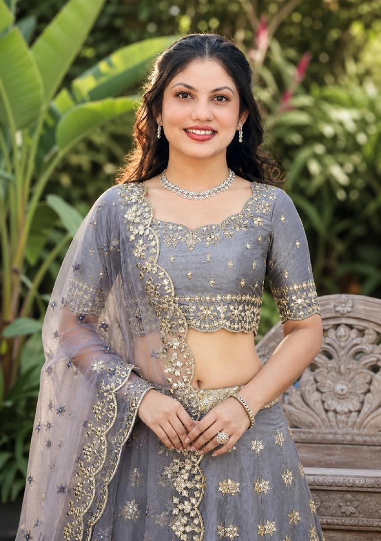 Grey Embroidery Silk Lehenga Set - Indya