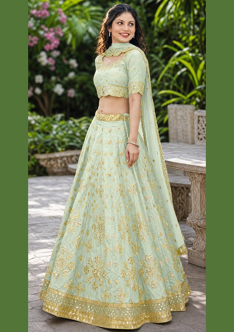 Light Green Embroidery Silk Lehenga Set - Indya