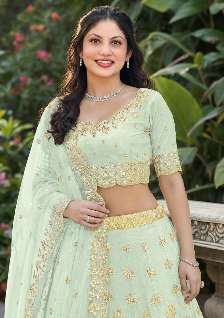 Light Green Embroidery Silk Lehenga Set - Indya