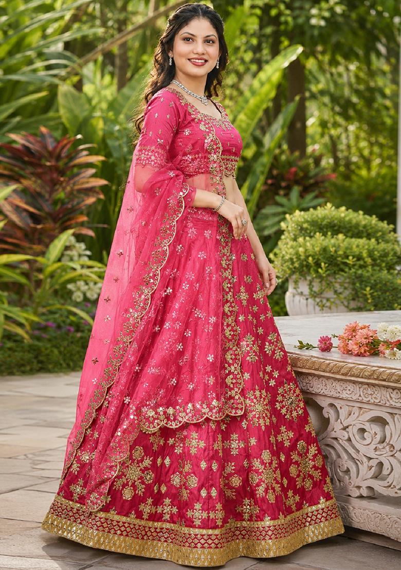 Pink Embroidery Silk Lehenga Set - Indya