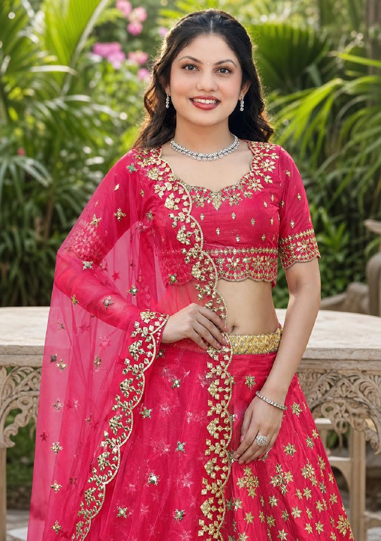 Pink Embroidery Silk Lehenga Set - Indya