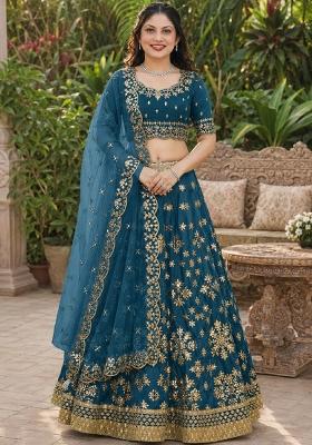 Turquoise Embroidery Silk Lehenga Set