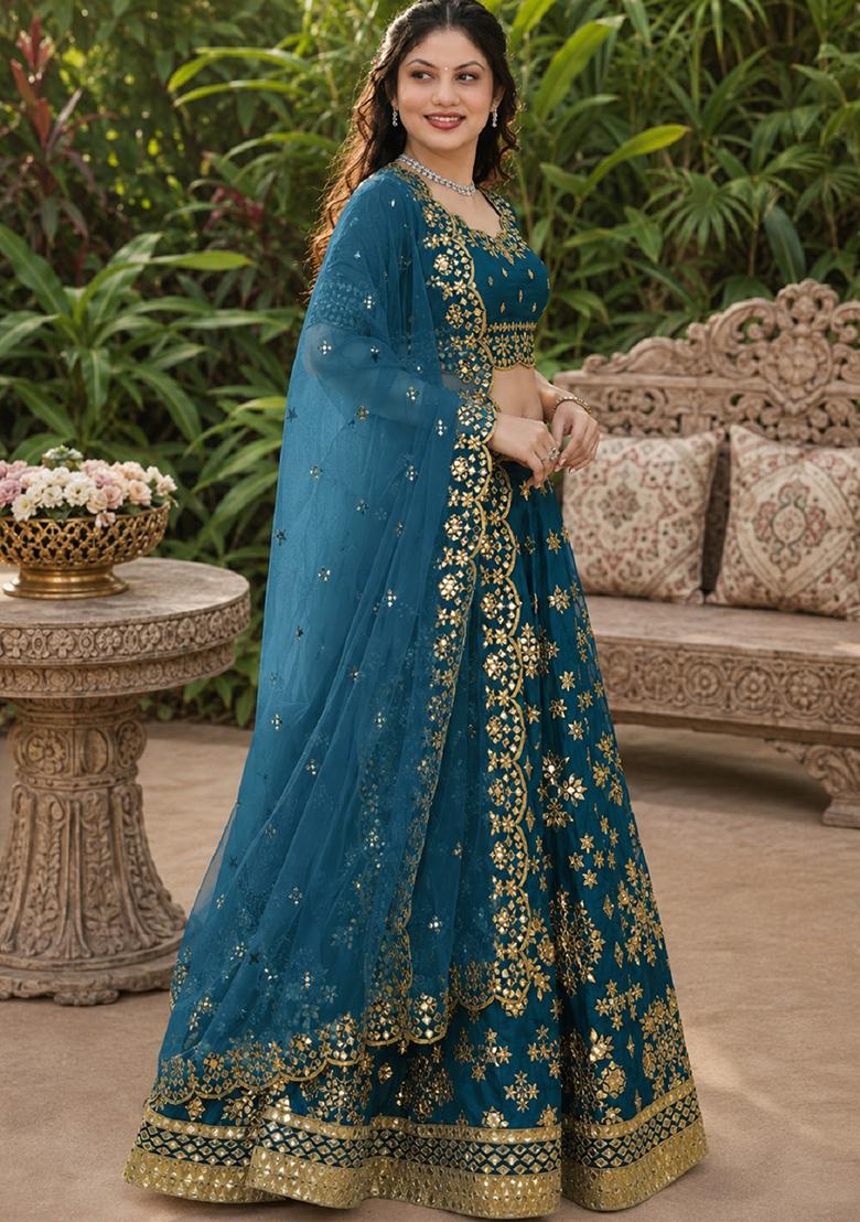 Turquoise Embroidery Silk Lehenga Set - Indya