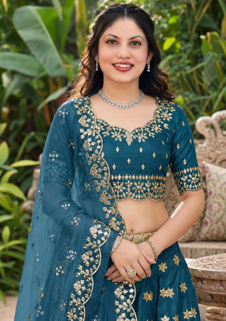 Turquoise Embroidery Silk Lehenga Set - Indya