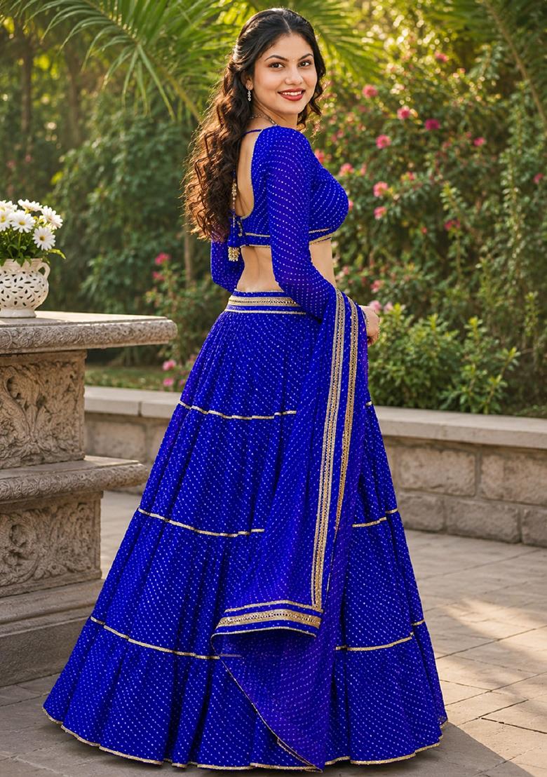 Blue Lehariya Georgette Lehenga Set - Indya