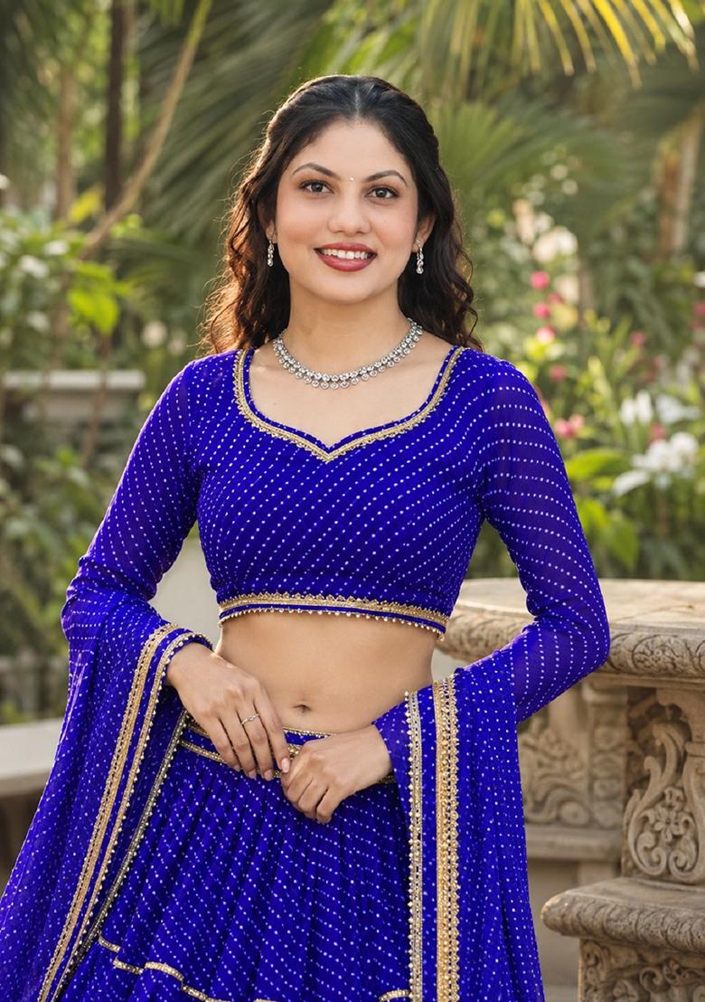 Blue Lehariya Georgette Lehenga Set - Indya