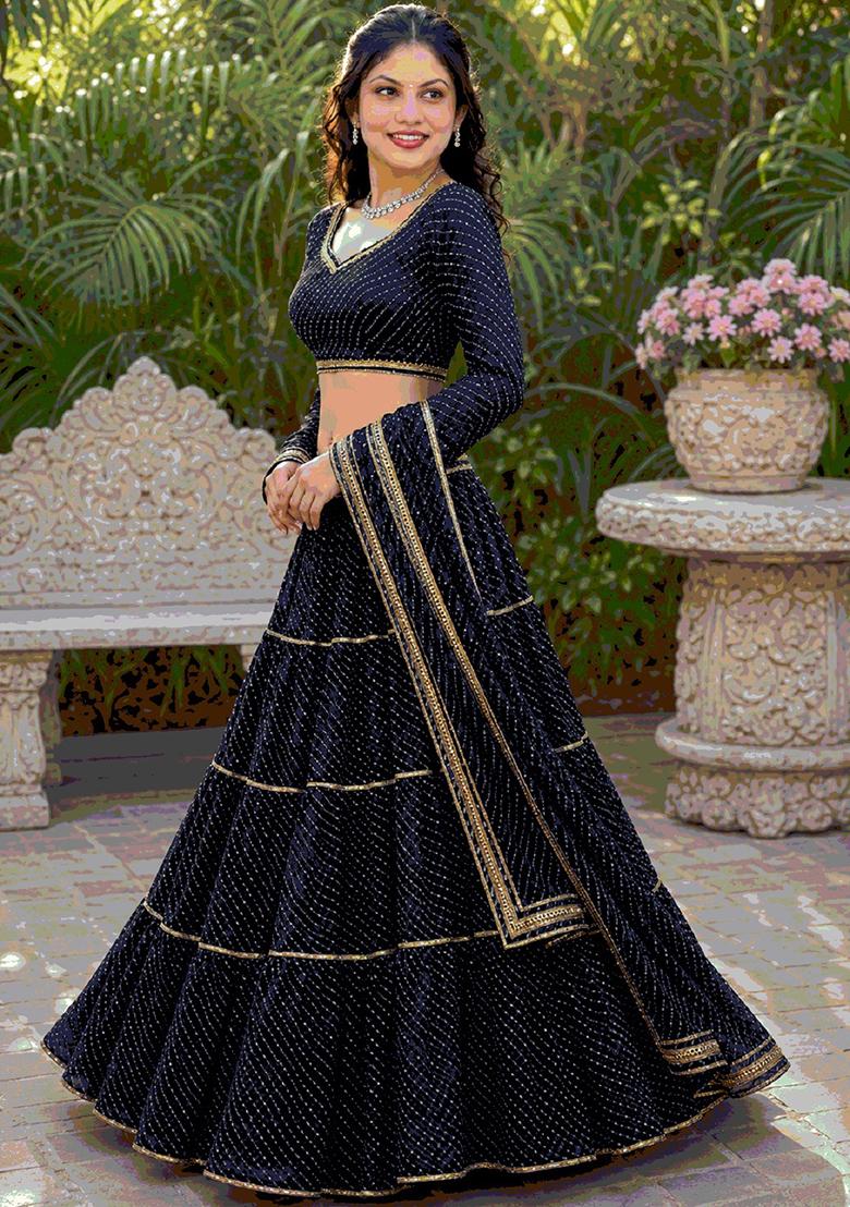 Black Lehariya Georgette Lehenga Set - Indya