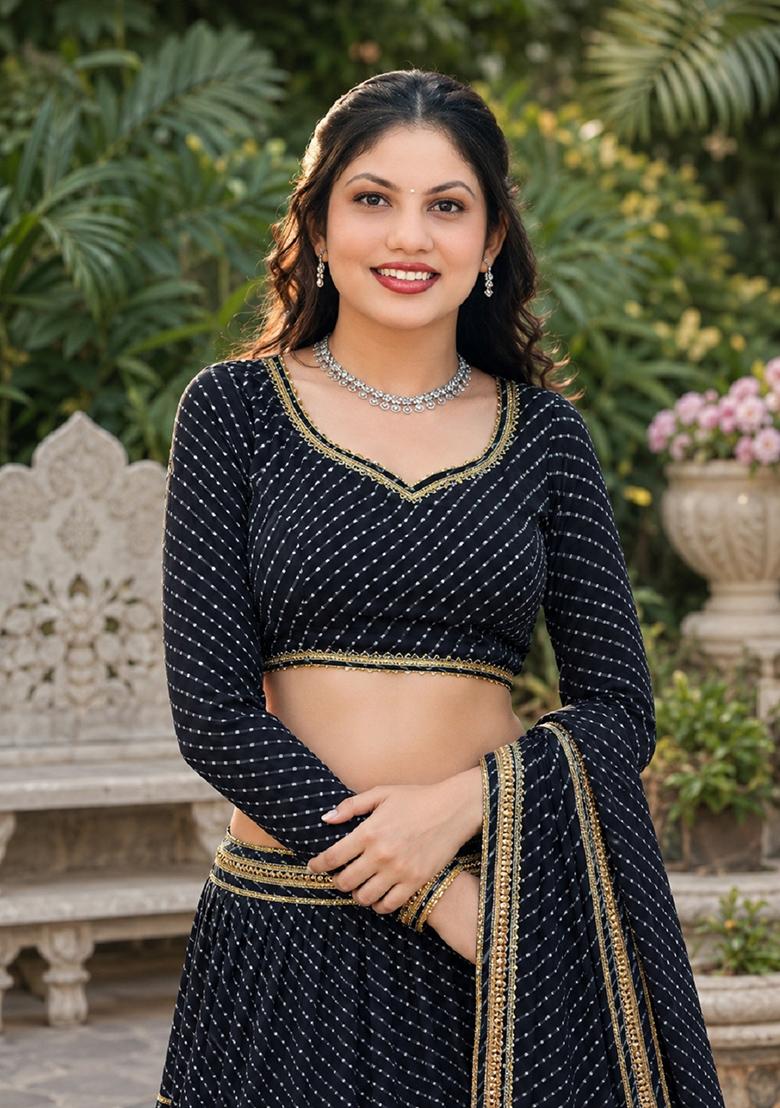Black Lehariya Georgette Lehenga Set - Indya