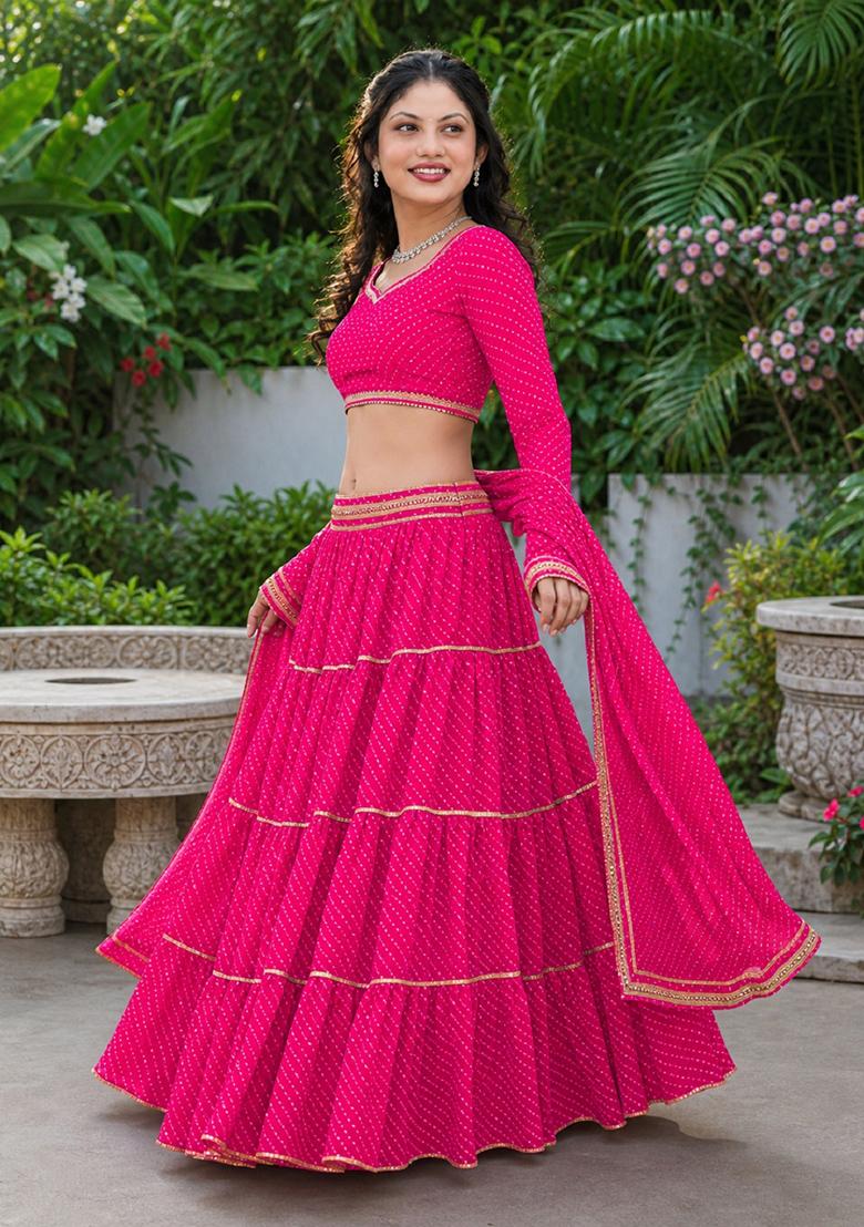 Pink Lehariya Georgette Lehenga Set - Indya
