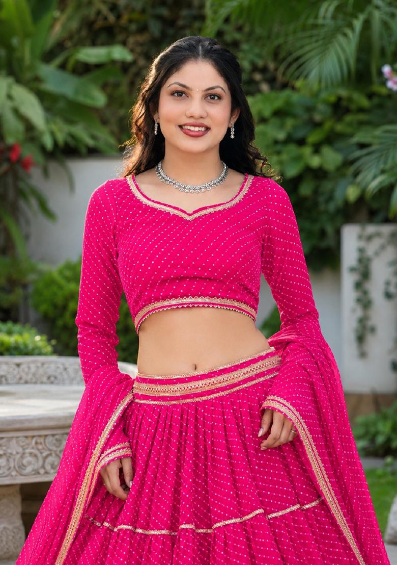 Pink Lehariya Georgette Lehenga Set - Indya