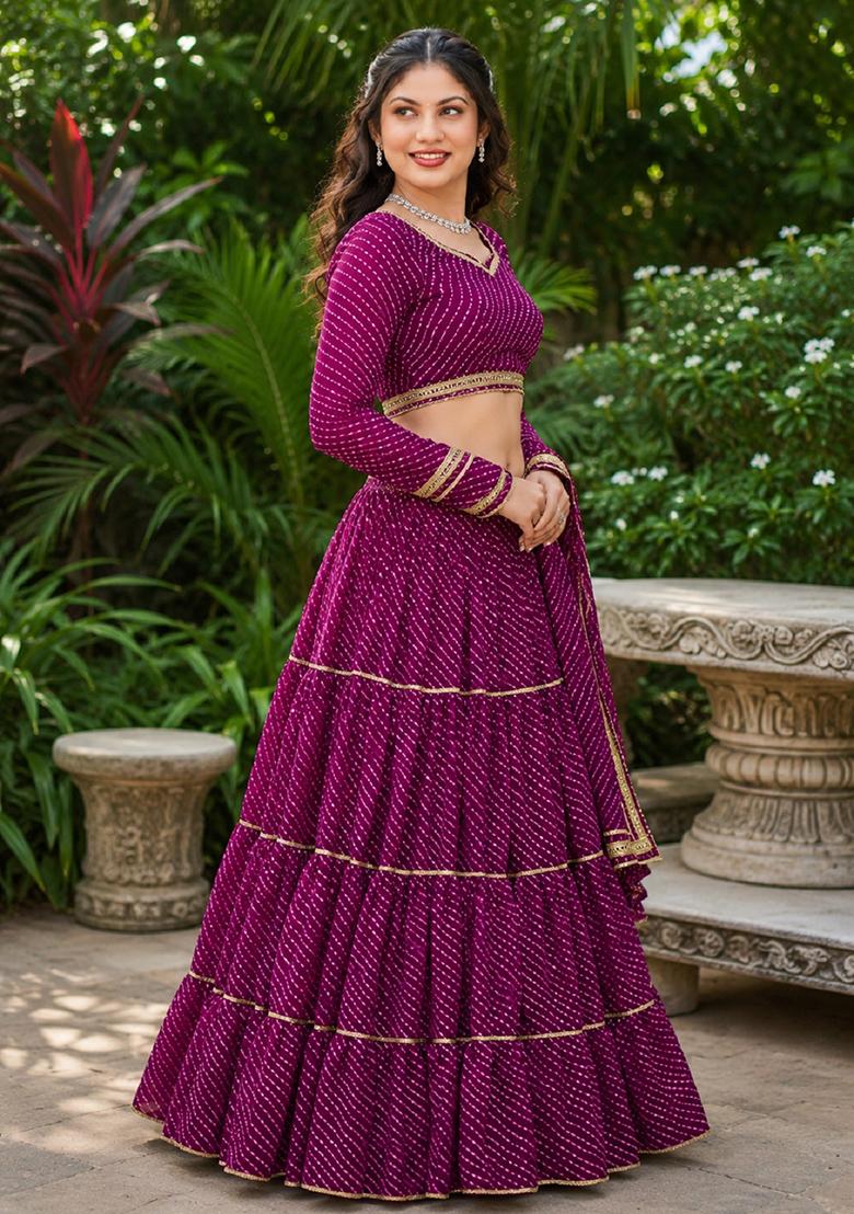 Purple Lehariya Georgette Lehenga Set - Indya