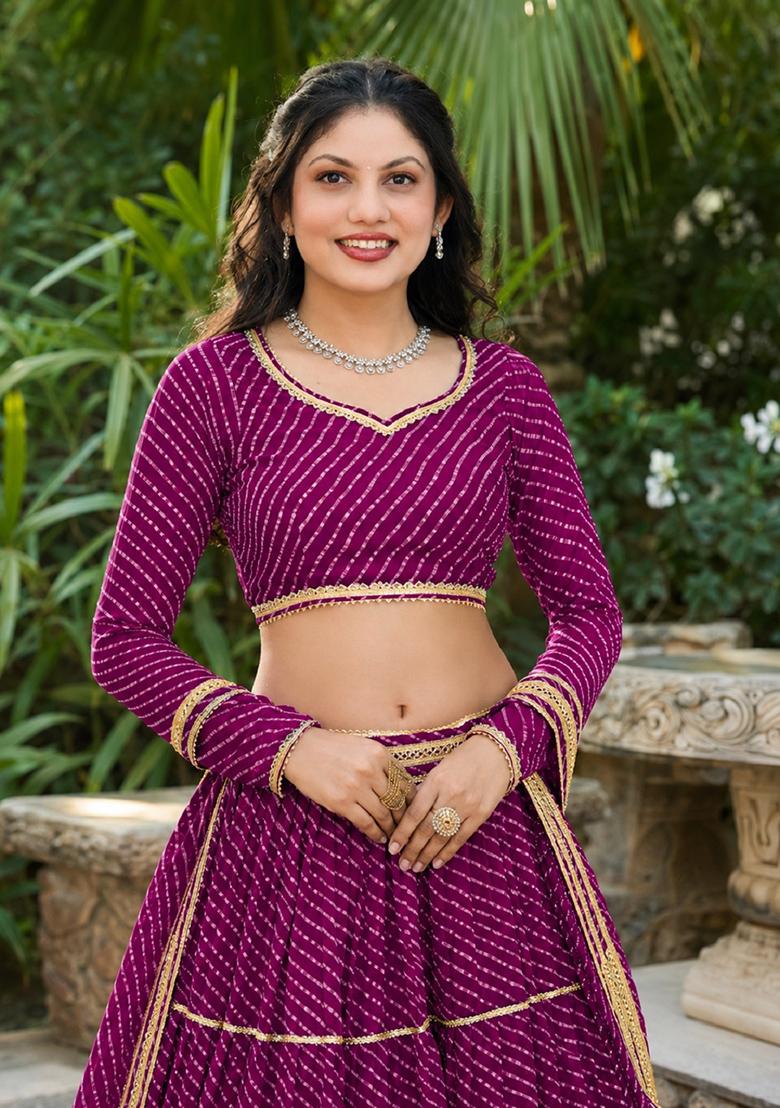 Purple Lehariya Georgette Lehenga Set - Indya