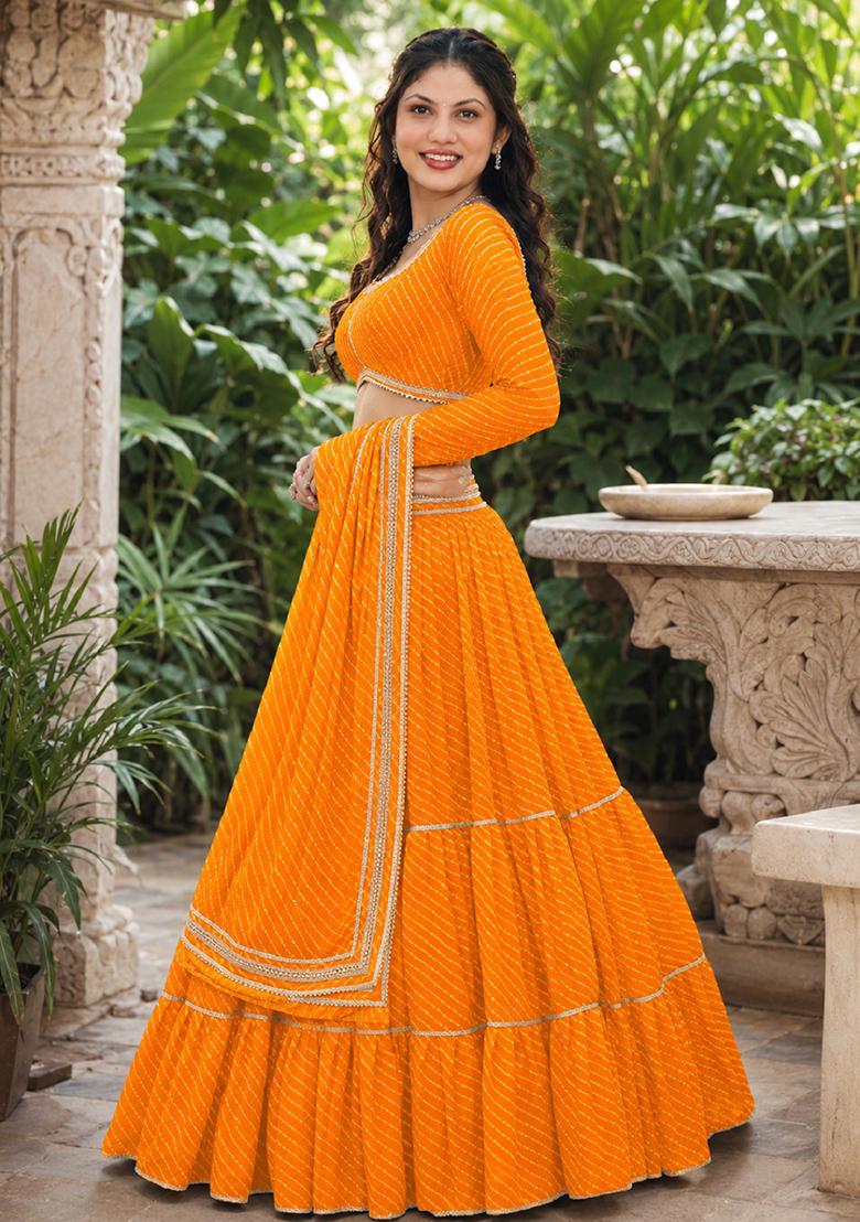 Yellow Lehariya Georgette Lehenga Set - Indya