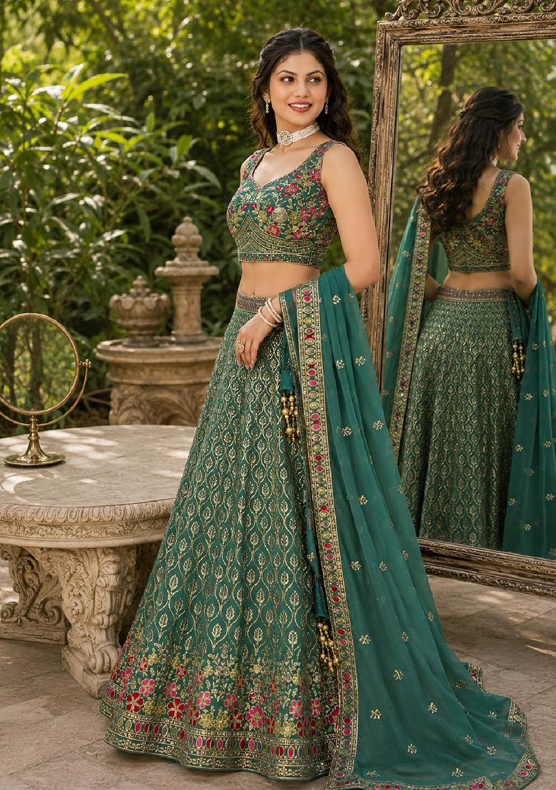 Blue Embroidery Georgette Lehenga Set - Indya