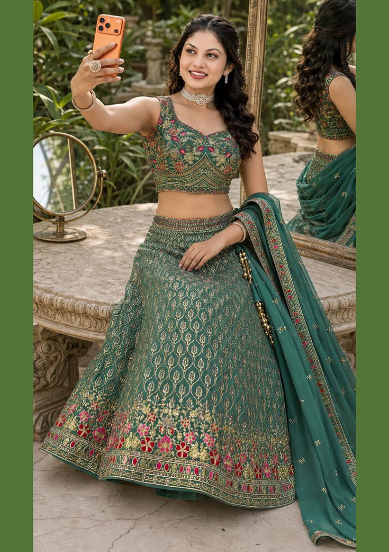 Blue Embroidery Georgette Lehenga Set - Indya