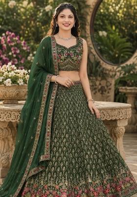 Green Embroidery Georgette Lehenga Set