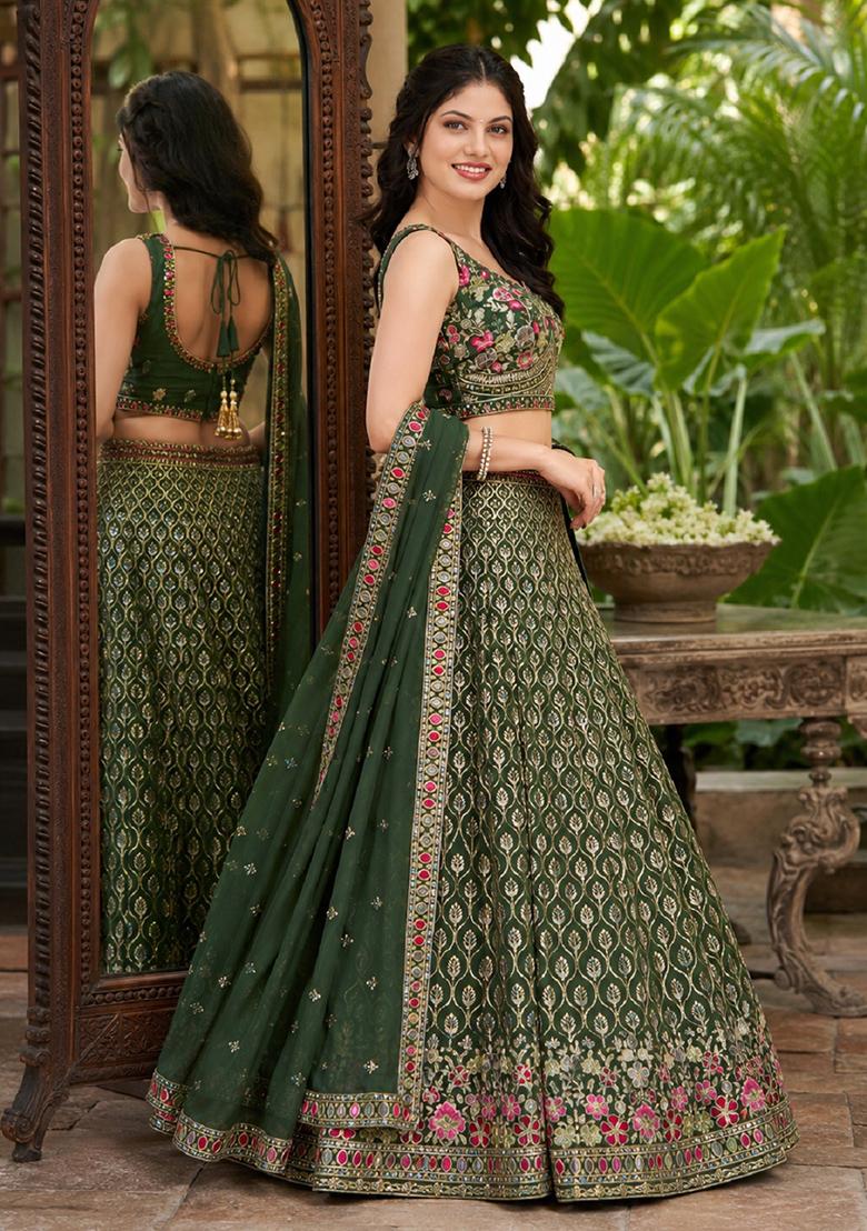Green Embroidery Georgette Lehenga Set - Indya