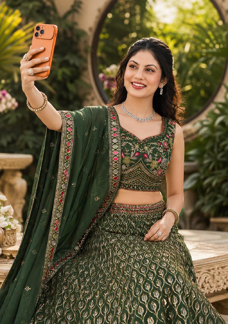 Green Embroidery Georgette Lehenga Set - Indya