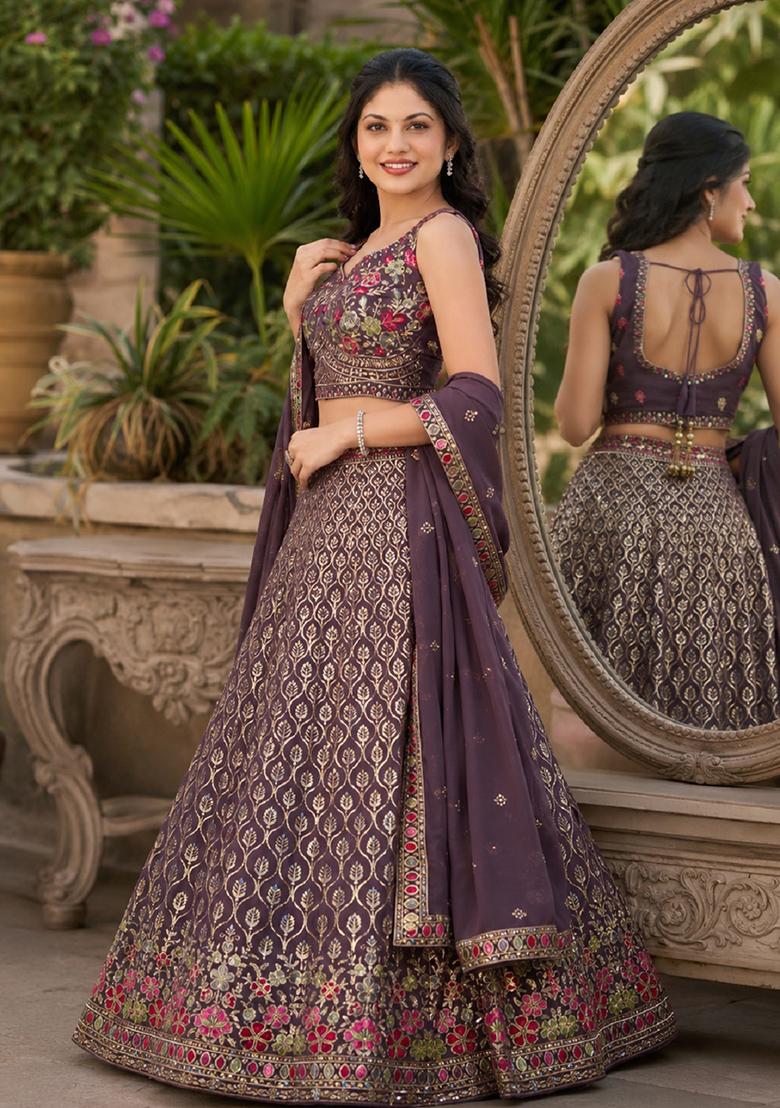 Light Purple Embroidery Georgette Lehenga Set - Indya