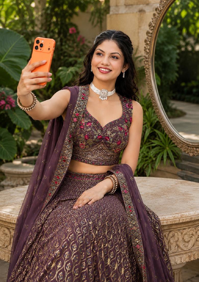 Light Purple Embroidery Georgette Lehenga Set - Indya