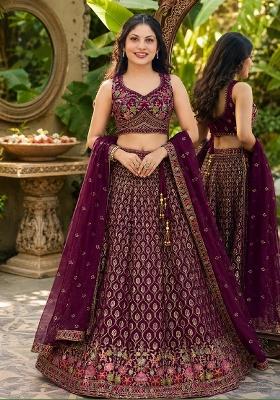 Purple Embroidery Georgette Lehenga Set