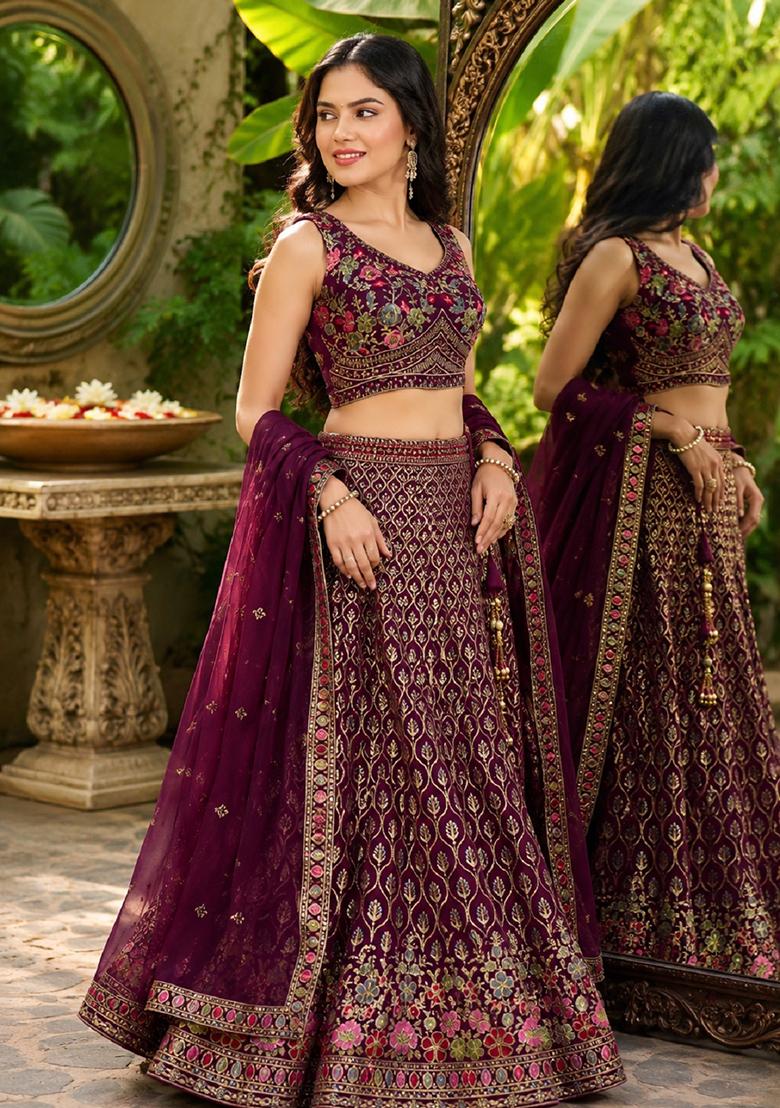 Purple Embroidery Georgette Lehenga Set - Indya