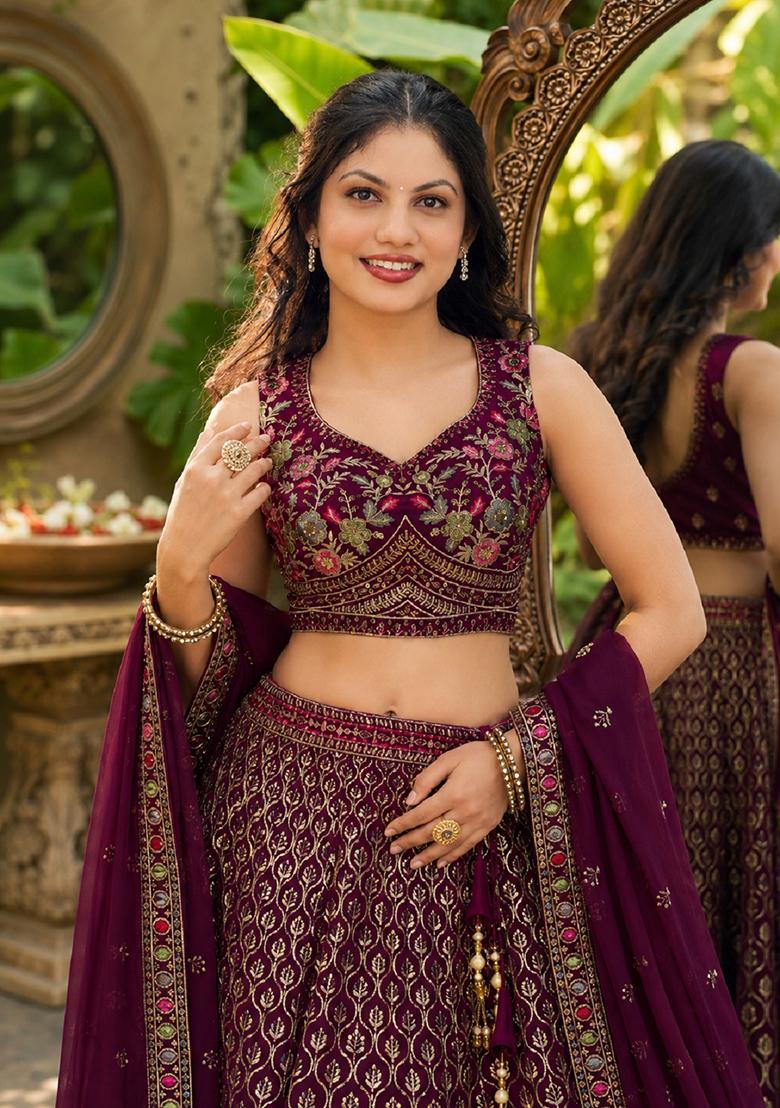 Purple Embroidery Georgette Lehenga Set - Indya