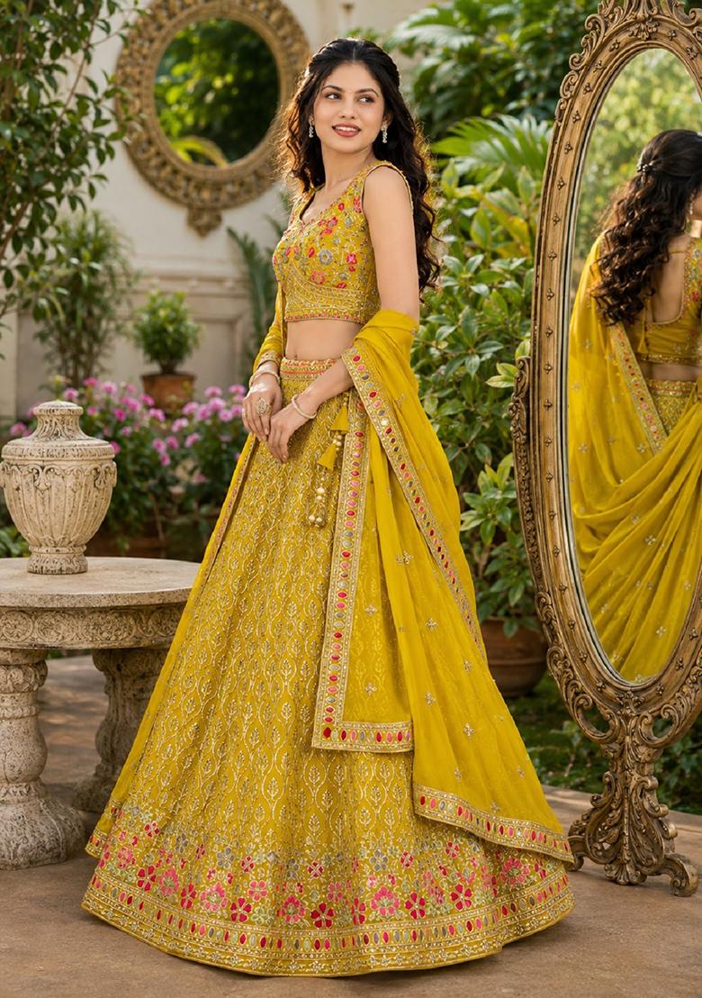 Yellow Embroidery Georgette Lehenga Set - Indya