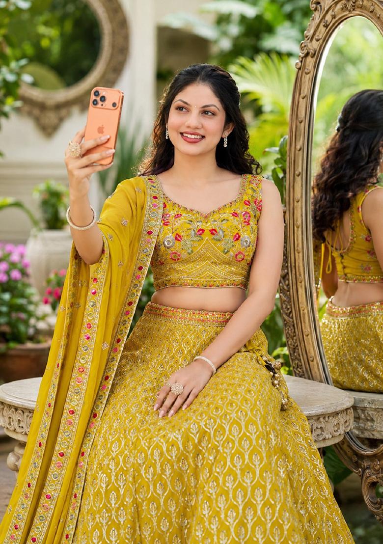 Yellow Embroidery Georgette Lehenga Set - Indya