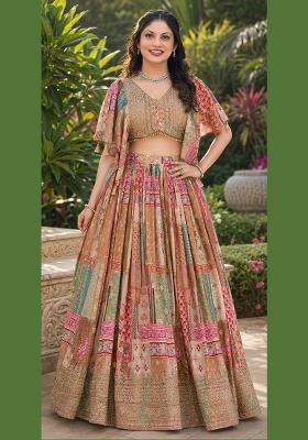 Beige Embroidery Chinon Lehenga Set