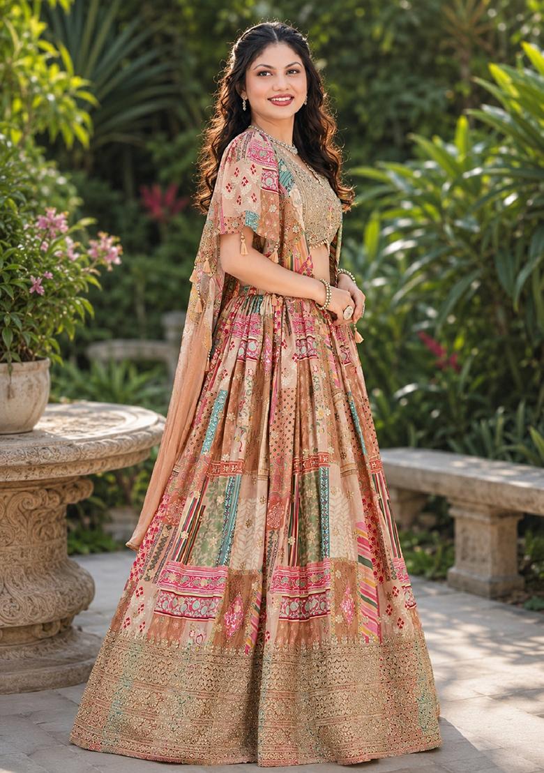 Beige Embroidery Chinon Lehenga Set - Indya