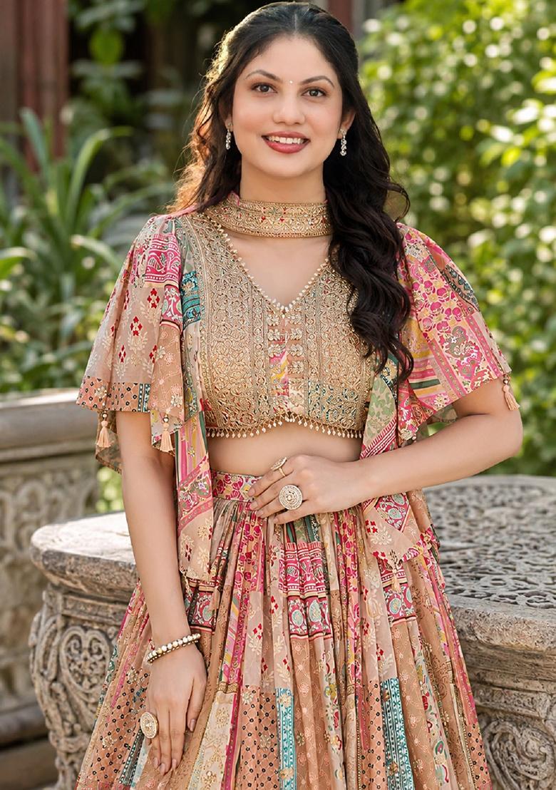 Beige Embroidery Chinon Lehenga Set - Indya