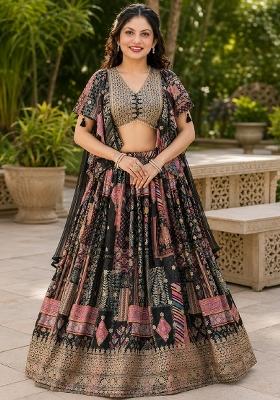 Black Embroidery Chinon Lehenga Set
